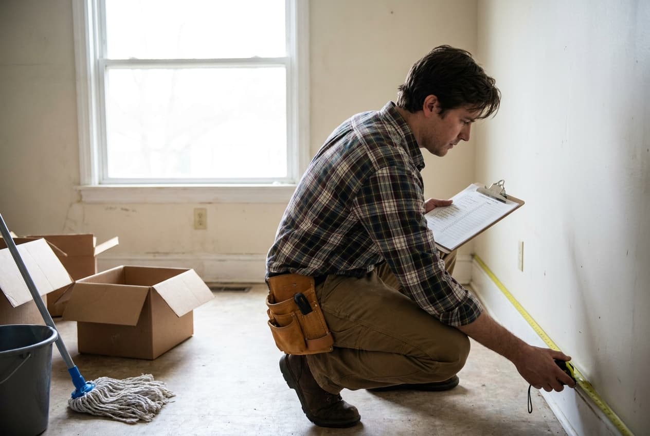 A clipboard checklist and pen on a wood floor, with a mop bucket behind, for a move-out walk-through.