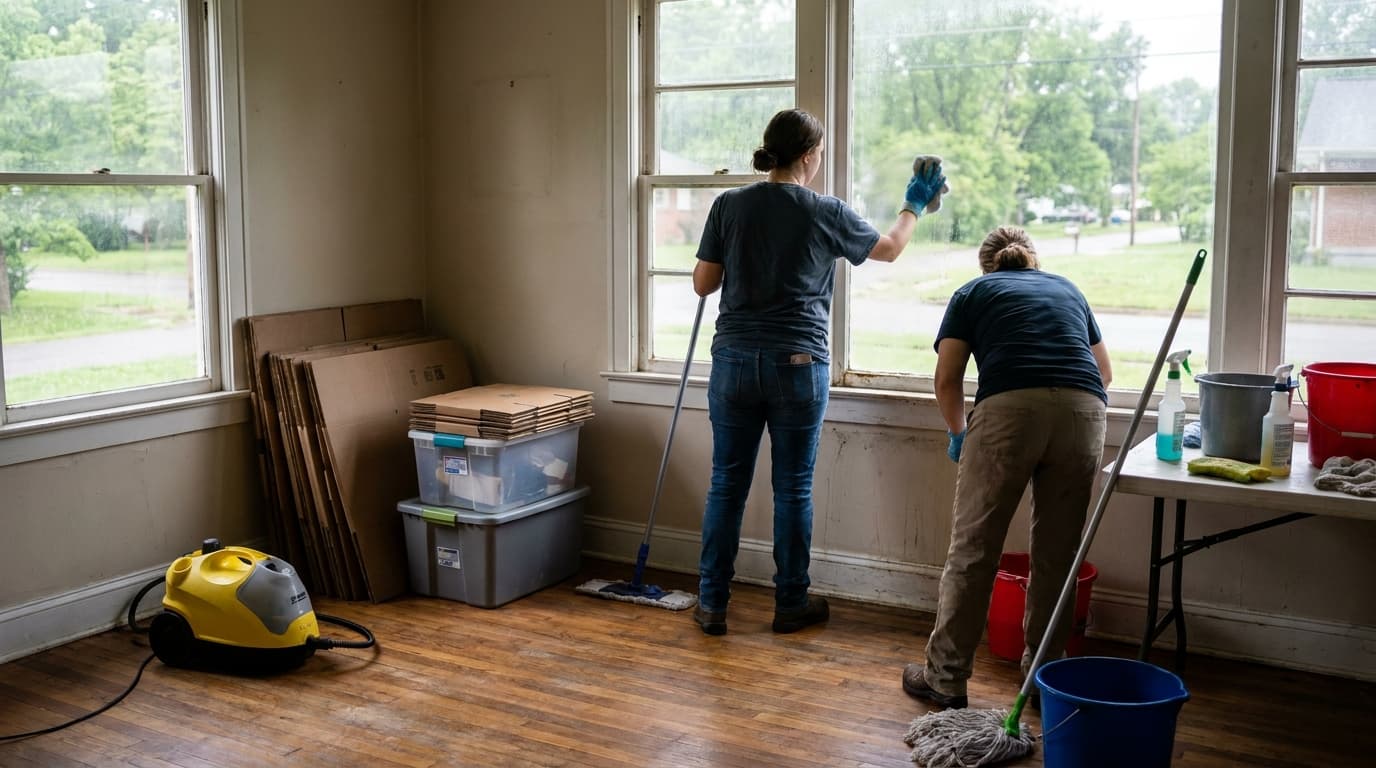 Empty room with a mop and bucket, ready for a Shelby County hard-floor pass.