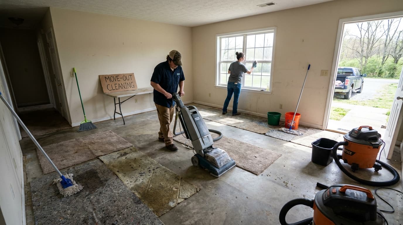 A cleaner in yellow gloves mopping a hardwood floor beside a spray bottle and bucket, kitchen behind them.